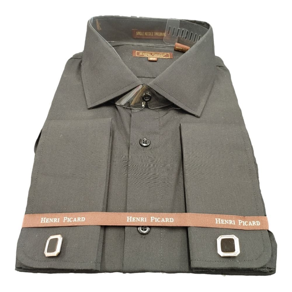 HENRI PICARD BY DON JONATHAN BLACK FRENCH CUFF DRESS SHIRT.